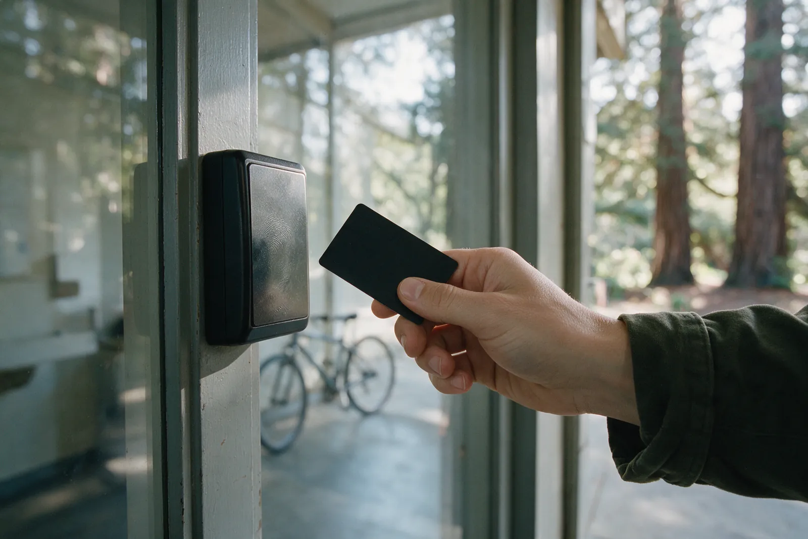 A hand holding a proximity card to a reader mounted beside a glass door