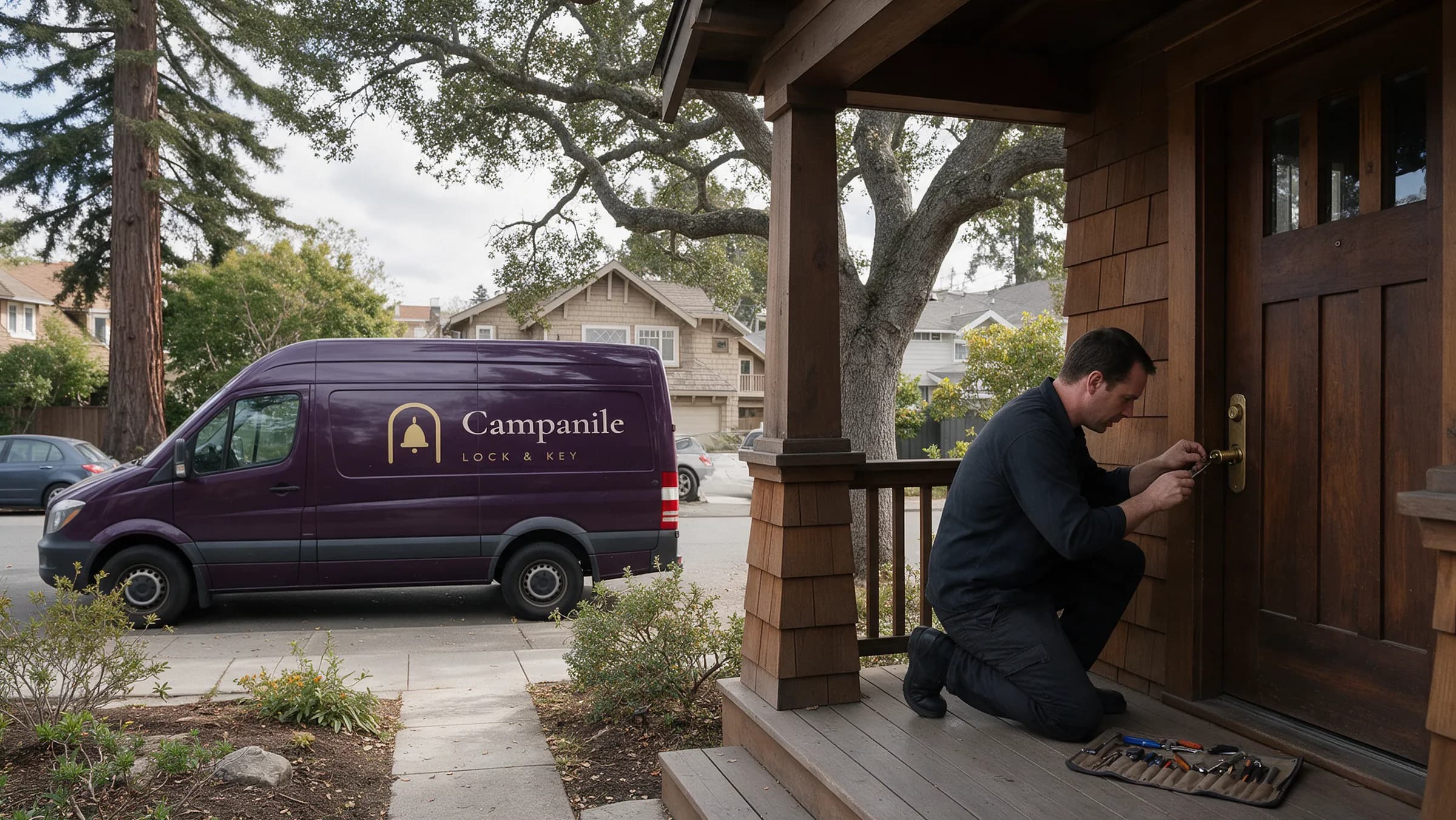 A locksmith kneeling on the shingled porch of a Berkeley Craftsman house, fitting a brass cylinder into an old wooden front door, tool roll on the deck and a white van under a redwood on the street